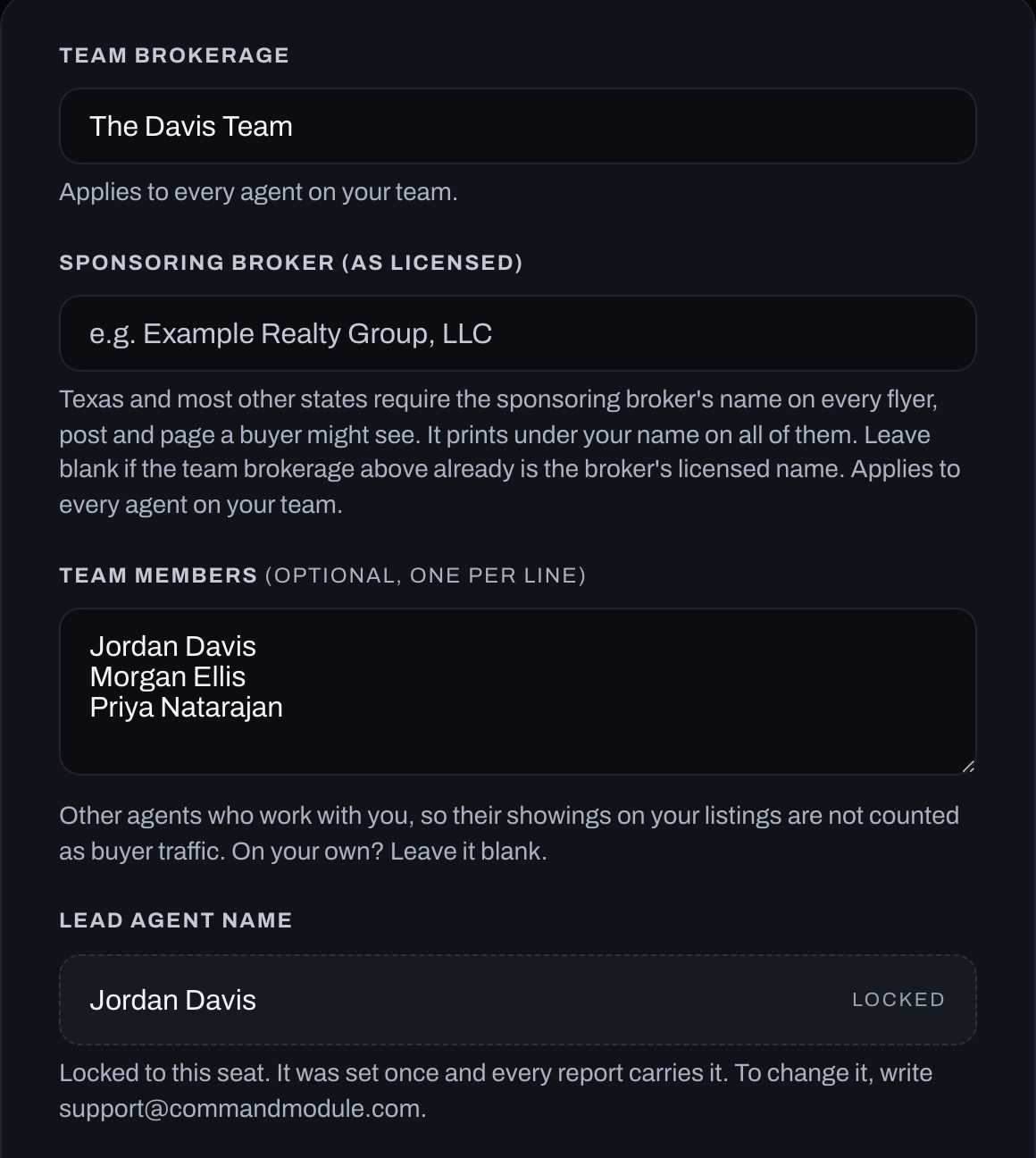 Settings in the browser dashboard: Team Brokerage, Sponsoring Broker, Team Members, and a Lead Agent Name marked Locked, with sample values