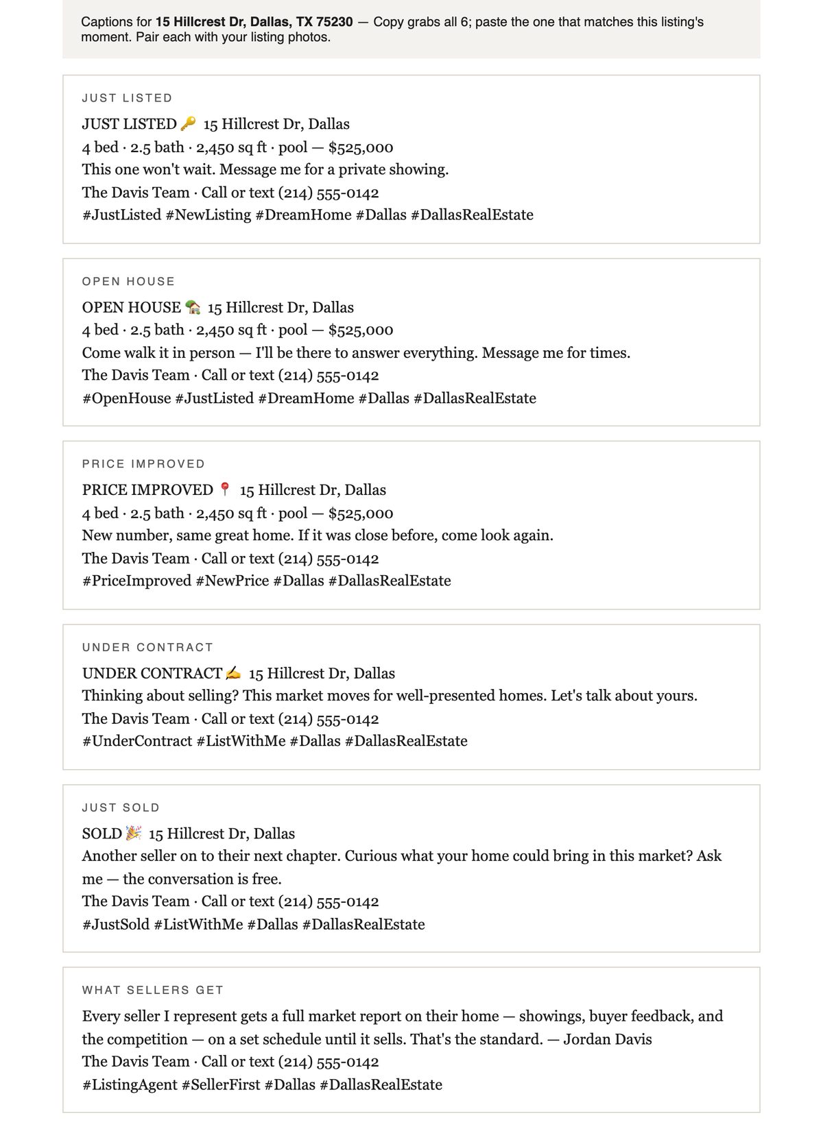 Social captions — ready-to-post captions written from the listing's data
