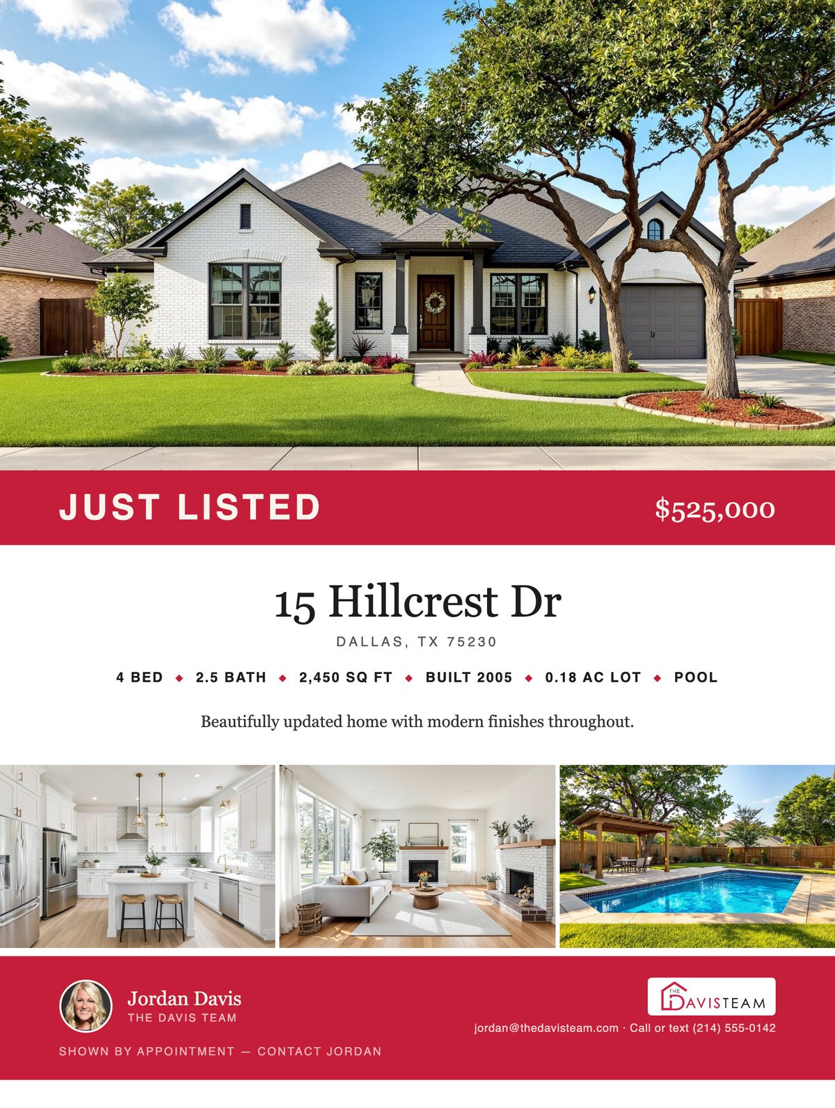 Just Listed flyer built by MarketPulse — hero photo, price banner, listing facts, and agent contact block