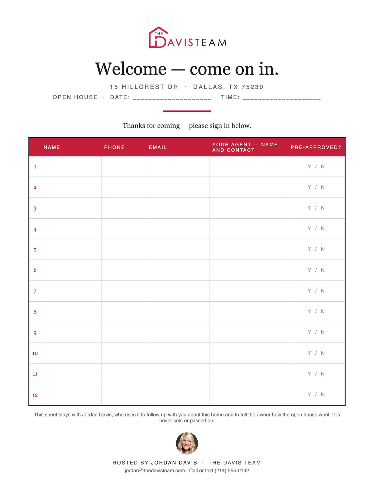 Open house sign-in sheet with the agent's name and privacy line
